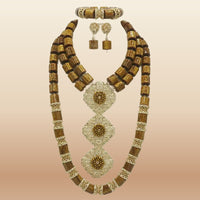 African Heritage Bead Jewelry - Gold Statement Set in Brown