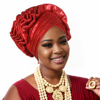Ruffle Silk Auto Gele - Pre-Tied African Headwrap - Red