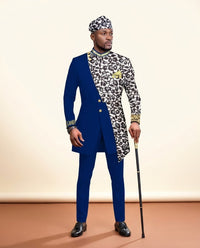 African Batik Print Suit - Men's Wedding 2-Piece in Blue