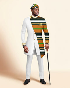 African Batik Print Suit - Men's Wedding 2-Piece in White
