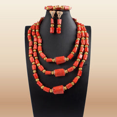 Nigerian Coral Bead Necklace Set - Classic Bridal in Coral 2