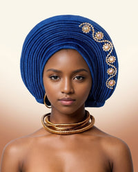 Crystal Trim Auto Gele - Pre-Tied African Headwrap in Royal Blue
