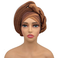 Brown raw silk pre-tied auto gele head wrap