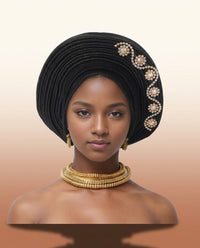Crystal Trim Auto Gele - Pre-Tied African Headwrap in Black