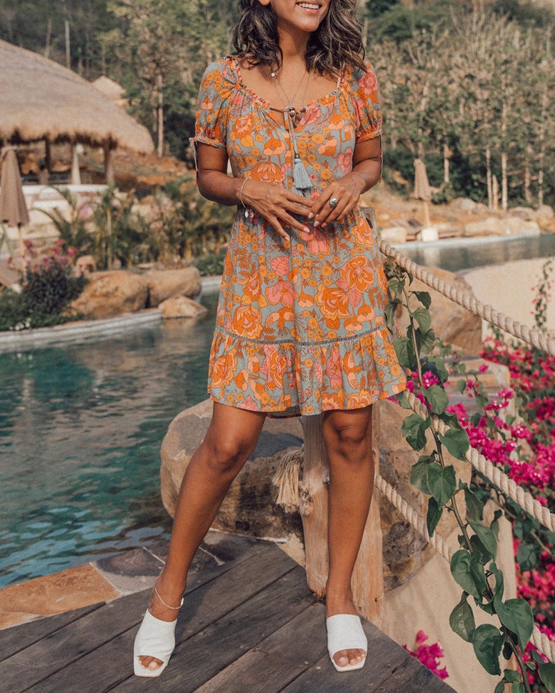 Tassel Short Sleeve Scoop Above Knee Regular Womens Dress