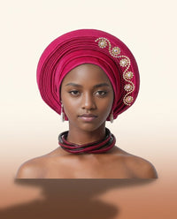 Crystal Trim Auto Gele - Pre-Tied African Headwrap in Rose Red