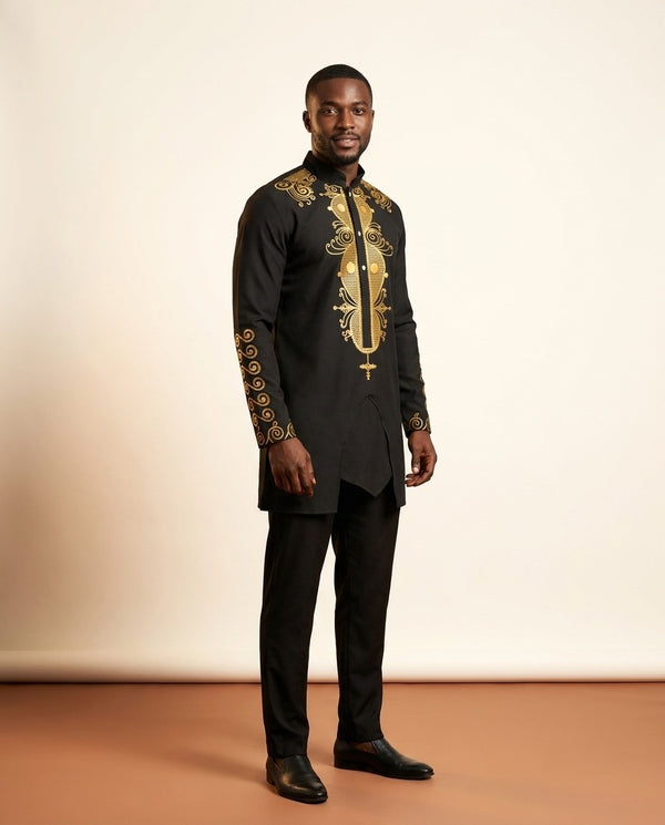 Gold-Embroidered Dashiki Set - Black - view 3