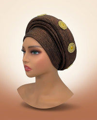 Gold Medallion Auto Gele - Pre-Tied Turban Headwrap in Coffee
