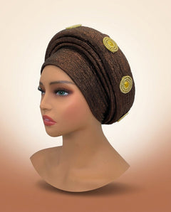Gold Medallion Auto Gele - Pre-Tied Turban Headwrap in Coffee