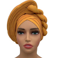 Gold raw silk pre-tied auto gele head wrap