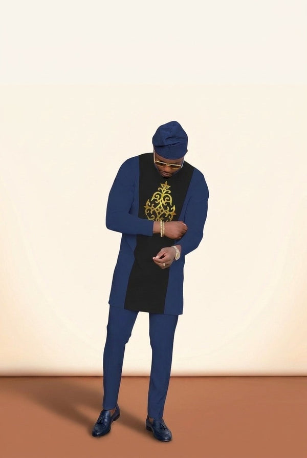 Men's Long-Sleeve Smart Set - White & Yellow in Navy Blue