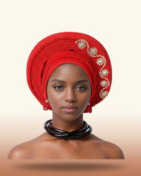 Crystal Trim Auto Gele - Pre-Tied African Headwrap in Orange Red