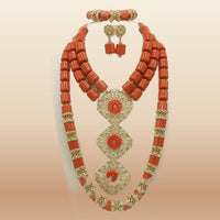 African Heritage Bead Jewelry - Gold Statement Set in Coral