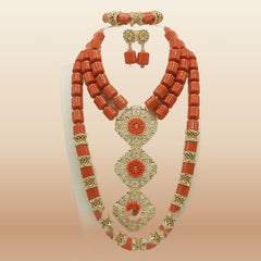 African Heritage Bead Jewelry - Gold Statement Set in Coral