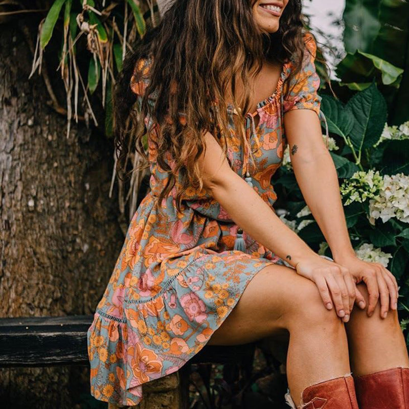 Tassel Short Sleeve Scoop Above Knee Regular Womens Dress