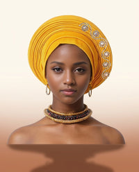 Crystal Trim Auto Gele - Pre-Tied African Headwrap in Gold