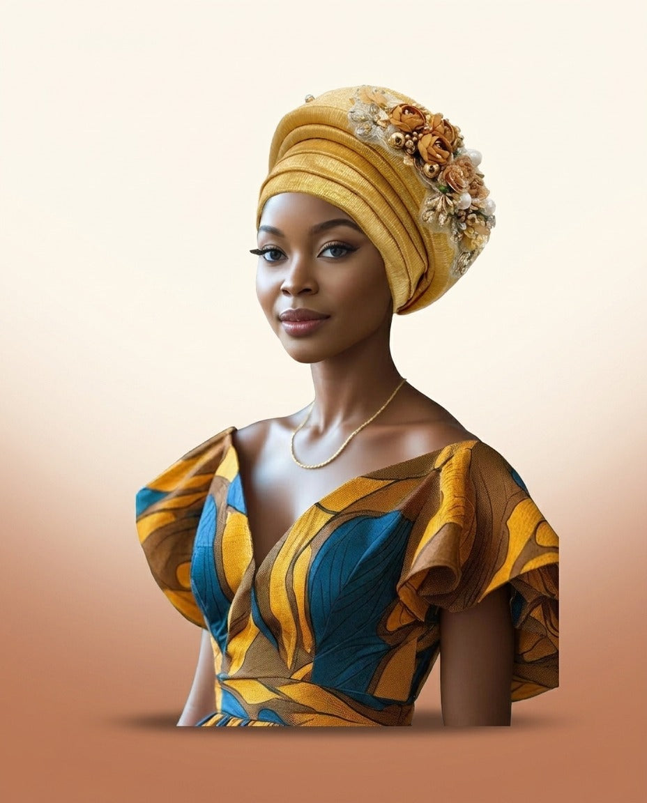 Floral Bouquet Auto Gele - Pre-Tied African Headwrap in Gold II