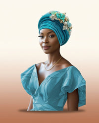 Floral Bouquet Auto Gele - Pre-Tied African Headwrap in Sky Blue
