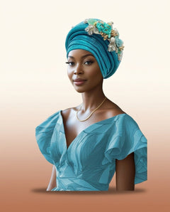 Floral Bouquet Auto Gele - Pre-Tied African Headwrap in Sky Blue
