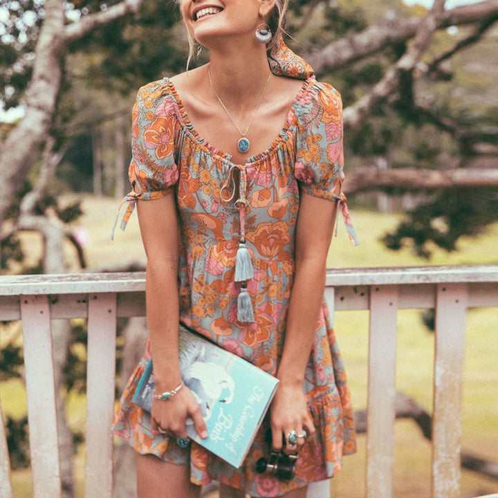 Tassel Short Sleeve Scoop Above Knee Regular Womens Dress