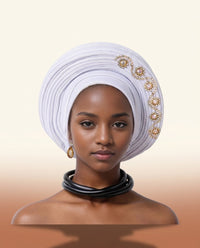 Crystal Trim Auto Gele - Pre-Tied African Headwrap in White