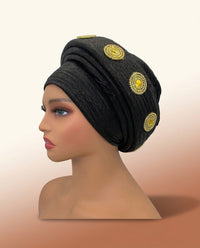 Gold Medallion Auto Gele - Pre-Tied Turban Headwrap in Black II