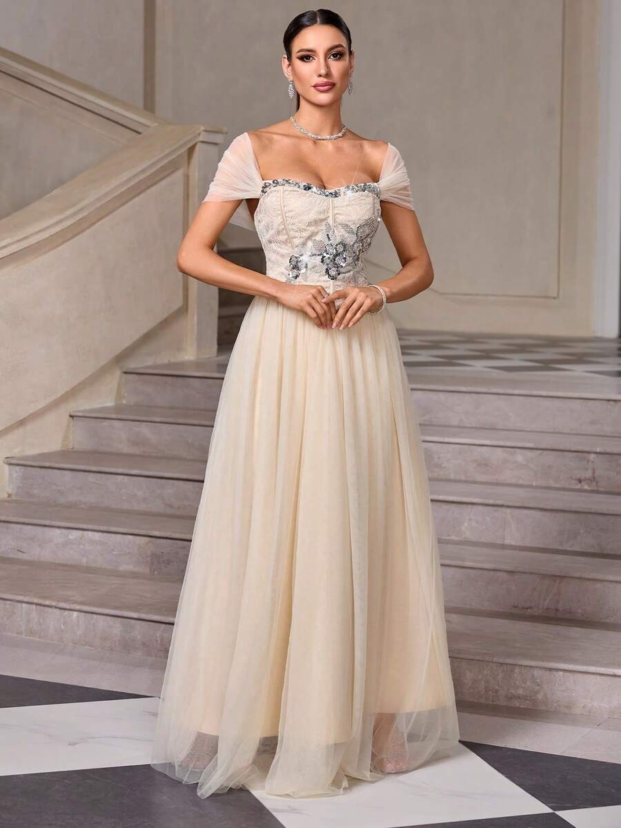 Off-Shoulder Lace Ruffle Maxi Dress – Women’s Elegant Flowy Evening Dress | ARINZE Fashion