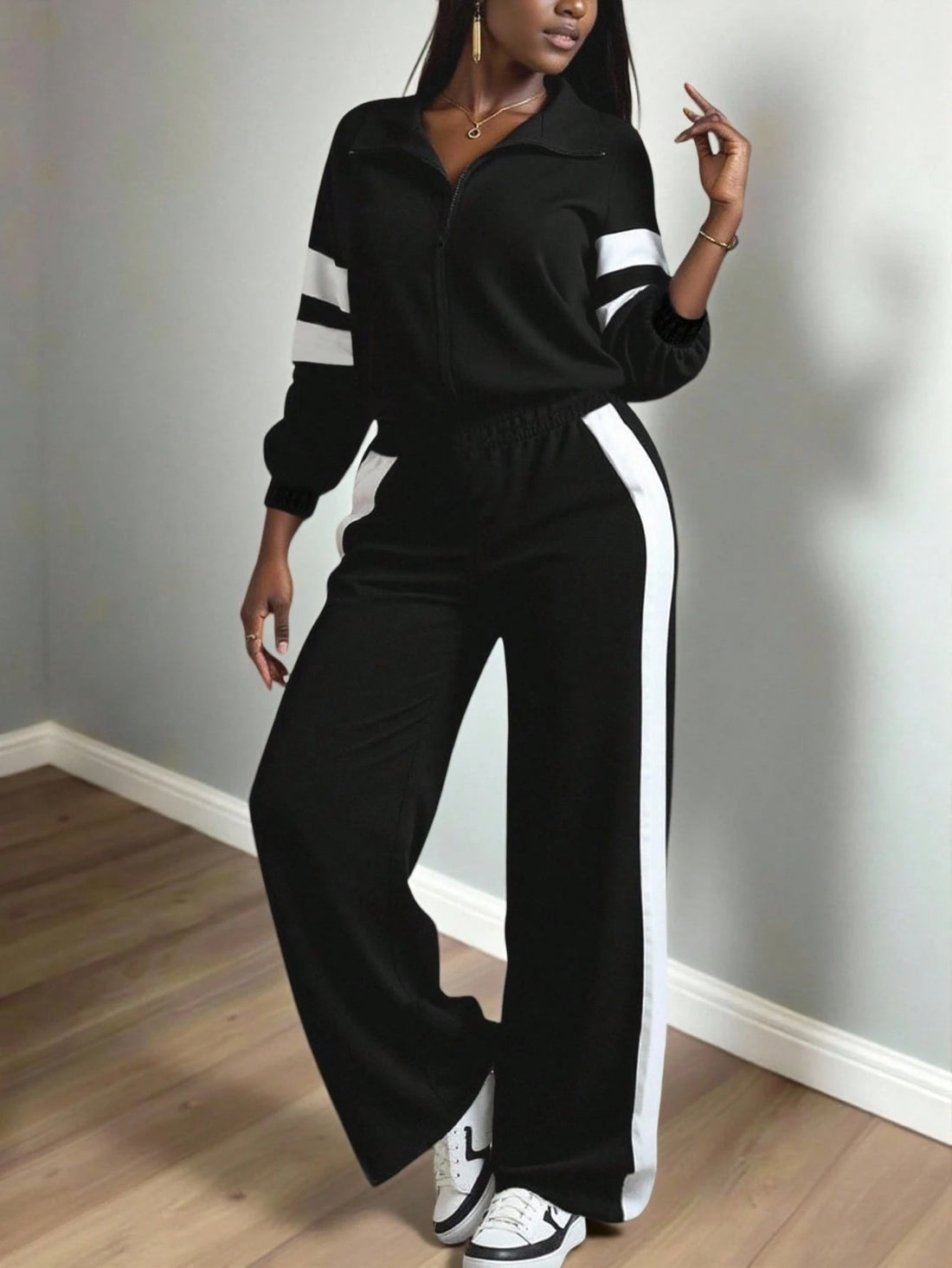 Colorblock Zip-Up Two-Piece Set – Women’s Plus Size Sporty Lounge Outfit | ARINZE Fashion