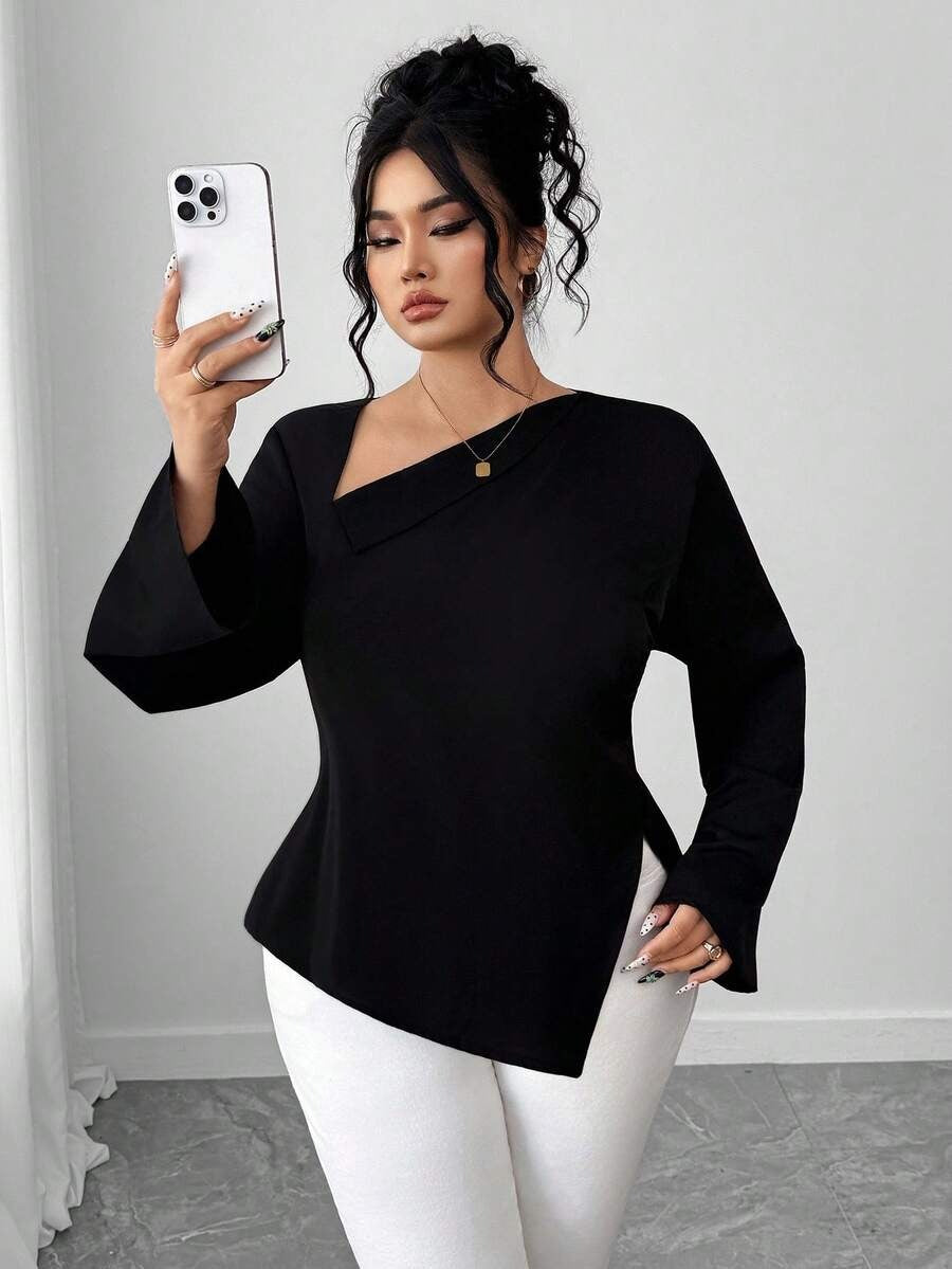 Elenzga Asymmetric V-Neck Blouse – Women’s Elegant Waist-Cinched High-Low Top | ARINZE Fashion