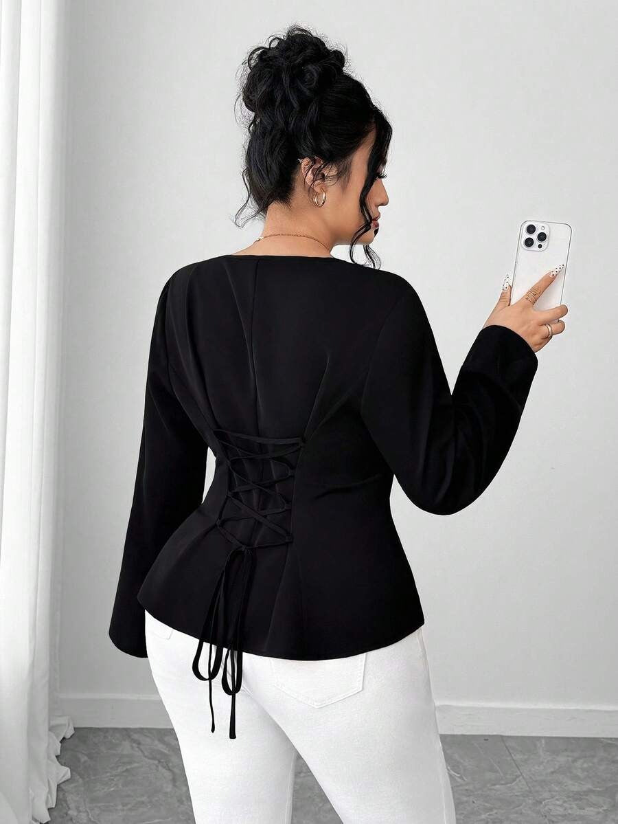 Elenzga Asymmetric V-Neck Blouse – Women’s Elegant Waist-Cinched High-Low Top | ARINZE Fashion