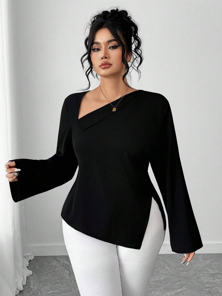 Elenzga Asymmetric V-Neck Blouse – Women’s Elegant Waist-Cinched High-Low Top | ARINZE Fashion