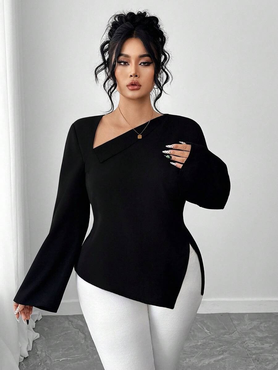 Elenzga Asymmetric V-Neck Blouse – Women’s Elegant Waist-Cinched High-Low Top | ARINZE Fashion