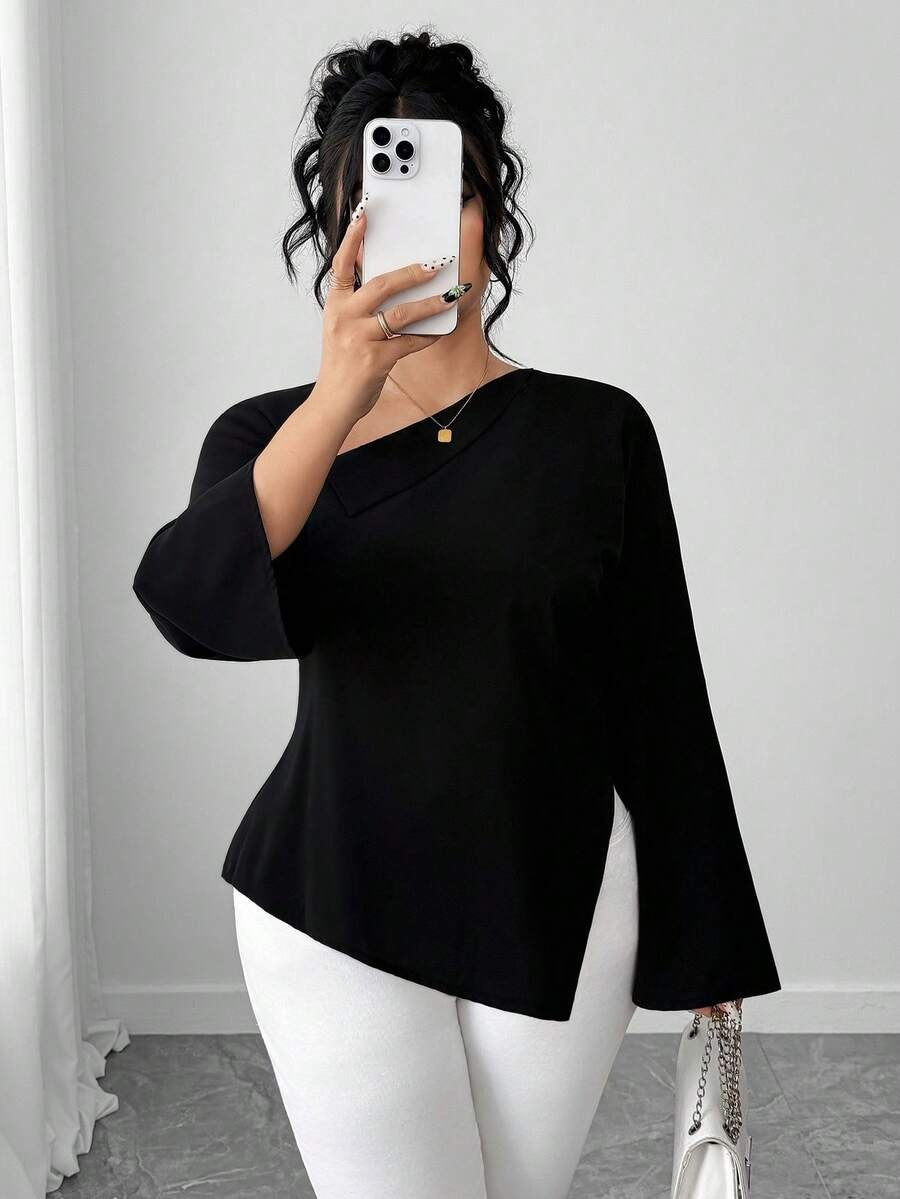 Elenzga Asymmetric V-Neck Blouse – Women’s Elegant Waist-Cinched High-Low Top | ARINZE Fashion