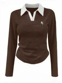 Rina Fox Colorblock Knight Long Sleeve Tee – Women’s Casual Autumn Streetwear