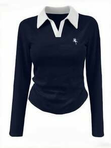 Rina Fox Colorblock Knight Long Sleeve Tee – Women’s Casual Autumn Streetwear